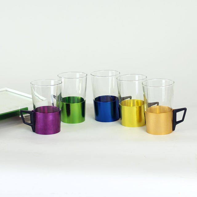 Blue Drinking Glasses with Tray, Former Czechoslovakia, 1960s, Set of 6 For Sale - Image 8 of 10