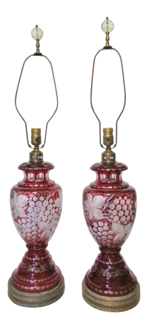 Early 20th Century Bohemian Ruby Cut Glass Lamps/ a Pair