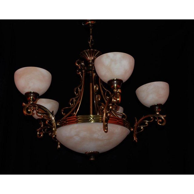 Metal Art Deco Six-Light Chandelier in Brass and Tinted Glass, 1930 For Sale - Image 7 of 18