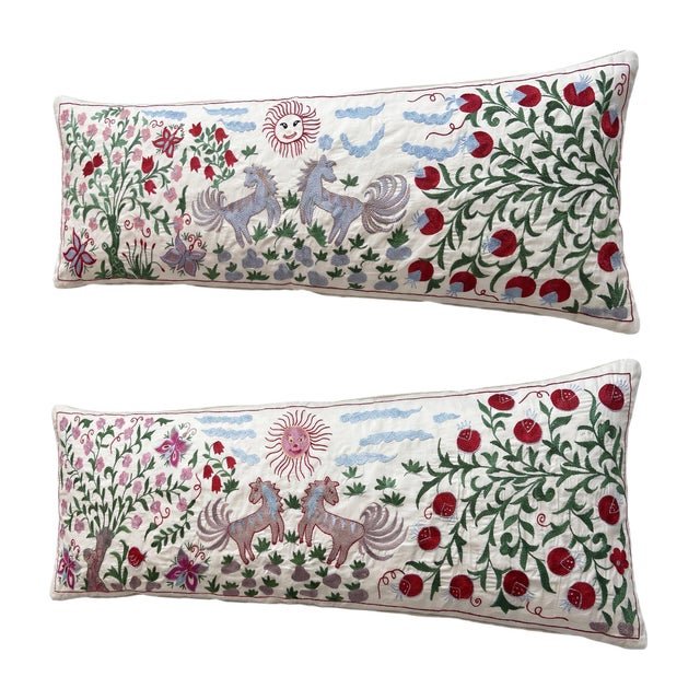 Mid-Century Modern White Horse Suzani Lumbar Pillow Cover 18'' X 52'' - Set of Two For Sale - Image 3 of 4