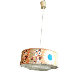 Vintage Ceiling Lamp with Colored Fabric Screen with Flower Decor and Plastic Difusor, 1970s For Sale
