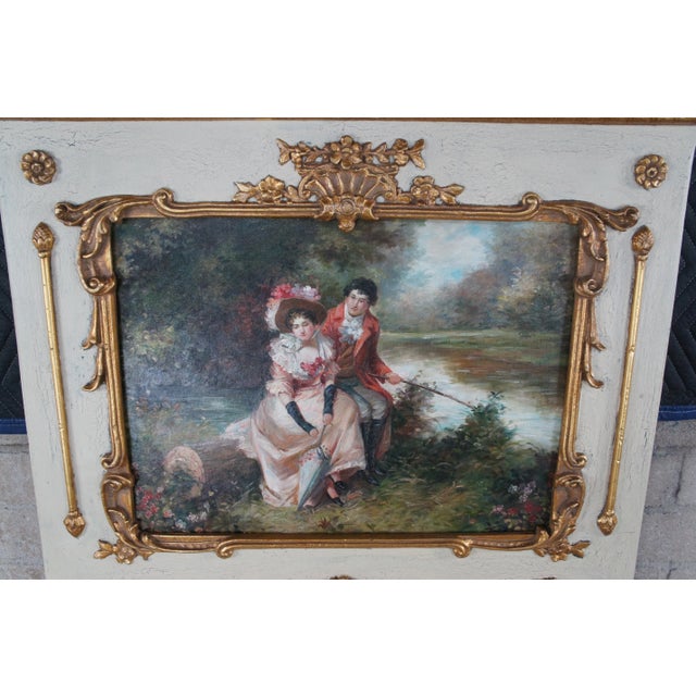 Vintage French Provincial Louis XV Over Mantel Trumeau Mirror With Oil Painting For Sale - Image 4 of 13