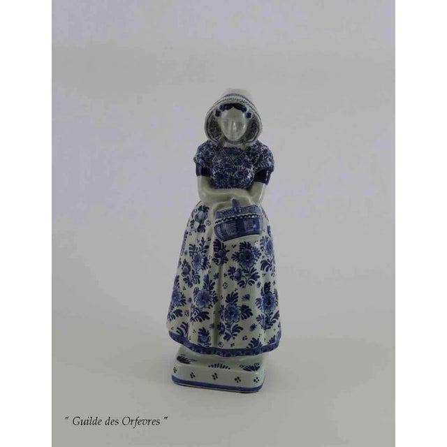 Traditional 1960’s Vintage Delft Figurine-Peasant, With Blue Floral Decoration For Sale - Image 3 of 7