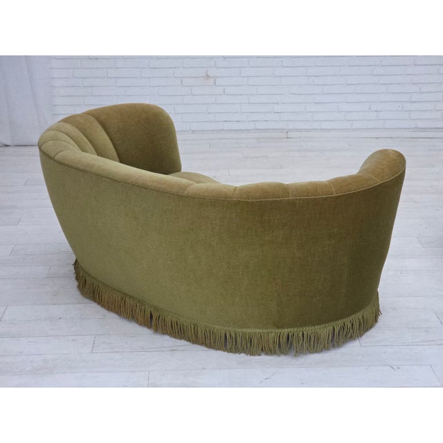 Wood Danish 2-Seater Banana Sofa in Green Velour, 1960s For Sale - Image 7 of 18