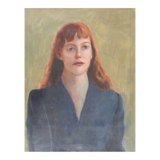 Vintage Portrait Painting of Red Haired Woman in Blue Dress For Sale