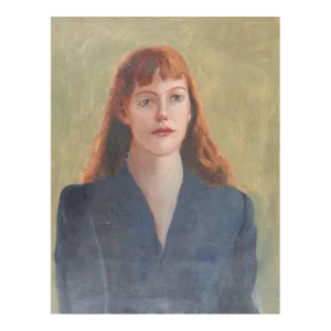 Vintage Portrait Painting of Red Haired Woman in Blue Dress
