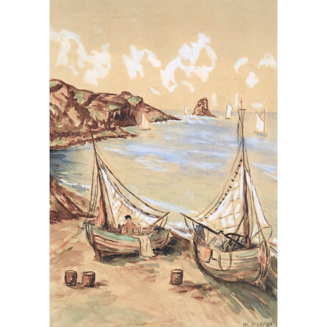 Idyllic harbor seascape by ML Pfeffer (20th Century). Two boats are on the shore, undergoing preparations for sailing. A...