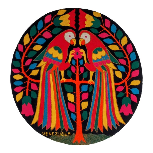 Vintage Venezuela Hooked Wool Parrots Hanging Wall Art For Sale