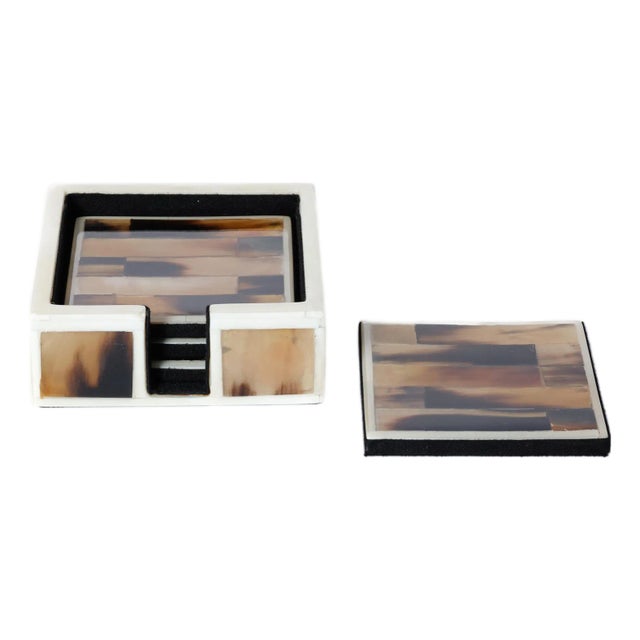 Maison Helvète Horn & Bone Coasters with Holder, Set of 4 For Sale