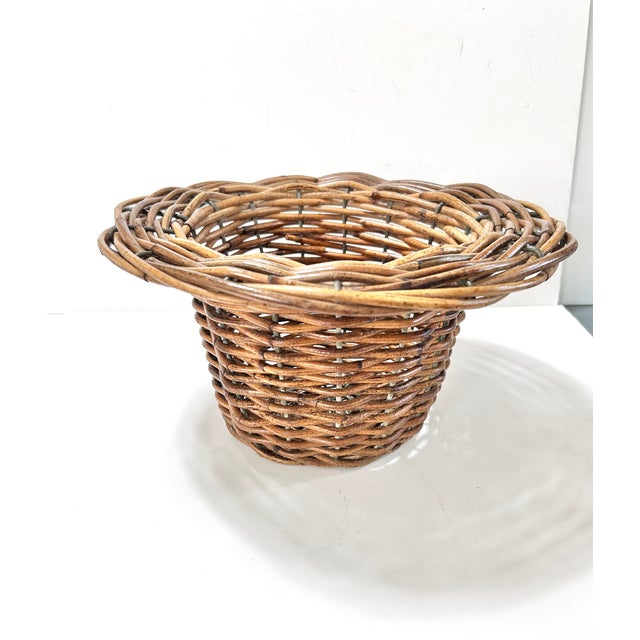 Contemporary Vintage Rattan Pedestal Basket – Boho Wicker Footed Bowl, Planter or Centerpiece For Sale - Image 3 of 9