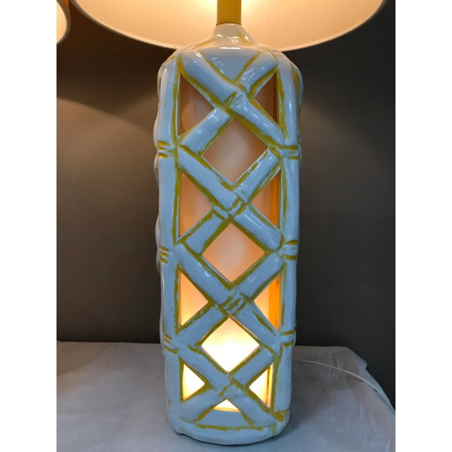 A very large pair of classic, white & yellow, ceramic, faux bamboo, lattice, Hollywood Regency table lamps. It won't get...