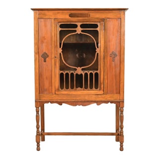 Berkey & Gay Style Antique English Jacobean Carved Walnut and Burl Wood Bookcase or Bar Cabinet, Circa 1920s For Sale