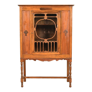 Berkey & Gay Style Antique English Jacobean Carved Walnut and Burl Wood Bookcase or Bar Cabinet, Circa 1920s