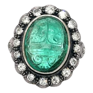 Antique Victorian Era 15 Carat Carved Emerald Beetle Ring With Diamond Halo Size 6.5