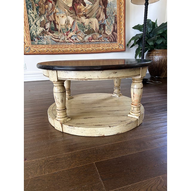 2000 - 2009 White and Wire Brushed Tobacco Round Coffee Table For Sale - Image 5 of 5