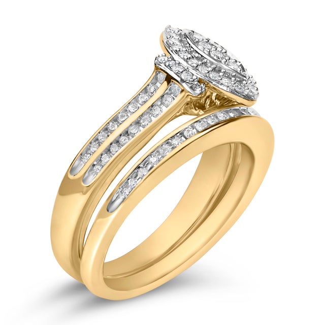 Contemporary 14K Yellow Gold Plated Sterling Silver 1/2 Cttw Marquise Cluster Diamond Bridal Set - Size 7 For Sale - Image 3 of 6