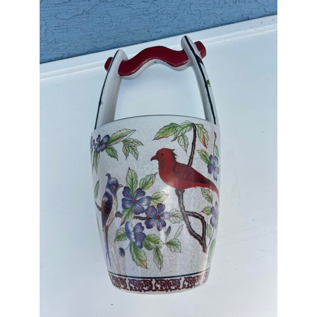 Late 20th Century Chinoiserie Bird & Floral Porcelain Water Bucket Basket Vase / Ice Bucket For Sale - Image 5 of 6