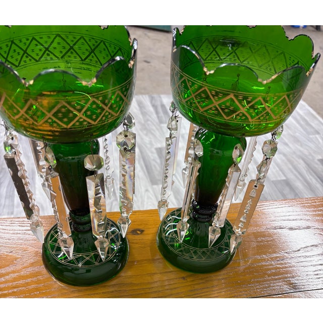 Antique C 1880-1900 Victorian Bohemian Emerald Green Glass Mantle Lustres - Pair For Sale - Image 12 of 14