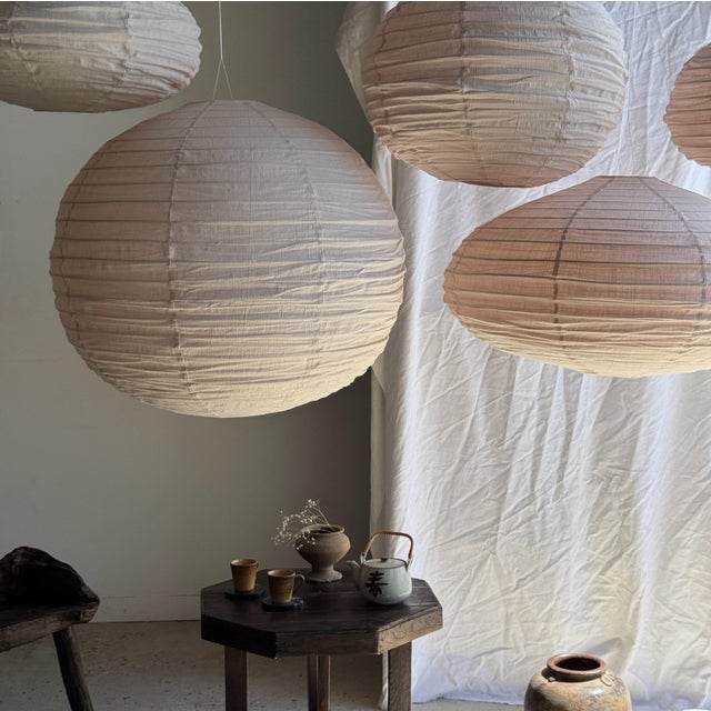 Textile Very Large Round Pinkish Rattan and Natural Linen Pendant Light For Sale - Image 7 of 18
