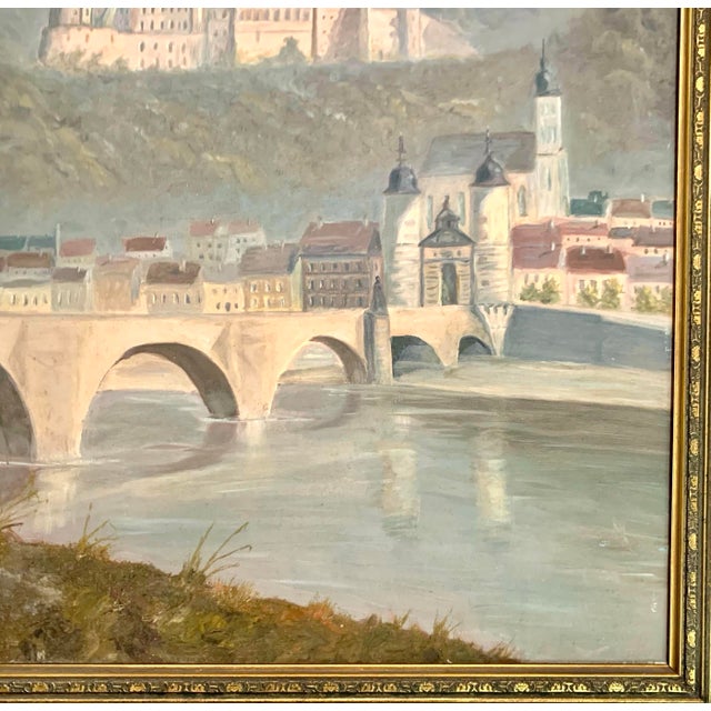 Late 20th Century Painting Heidelberg Castle in Germany Large Oil on Canvas Original Vintage Art For Sale In Tulsa - Image 6 of 7