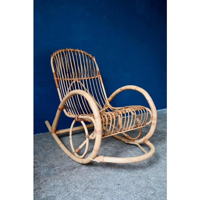 Brown Rocking Chair in Natural Rattan and Bamboo, 1960s For Sale - Image 8 of 11