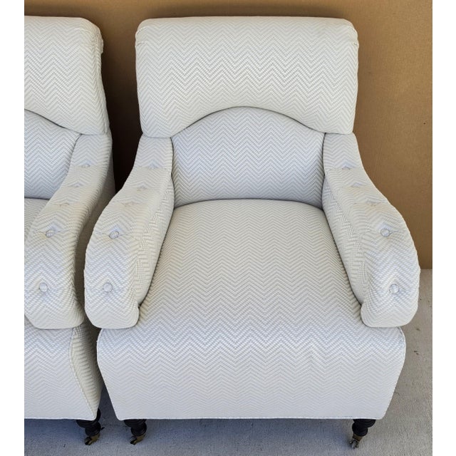 Baker Furniture English Country Scroll Arm Lounge Chairs in White Herringbone Casters Pair For Sale - Image 10 of 17
