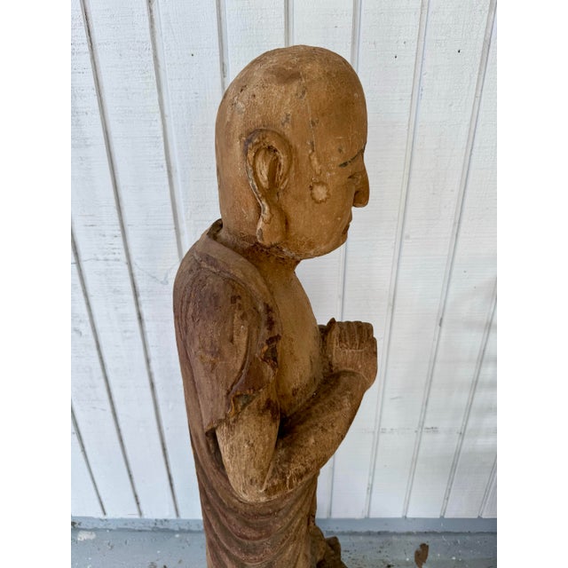 19th Century Antique Huge Carved Polychrome Wood Buddha Buddhist Monk on Lotus For Sale - Image 5 of 12