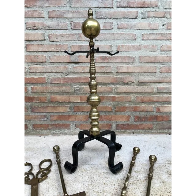 French Neoclassical style Brass Fireplace Tools, 1970s, Set of 5 For Sale - Image 3 of 8
