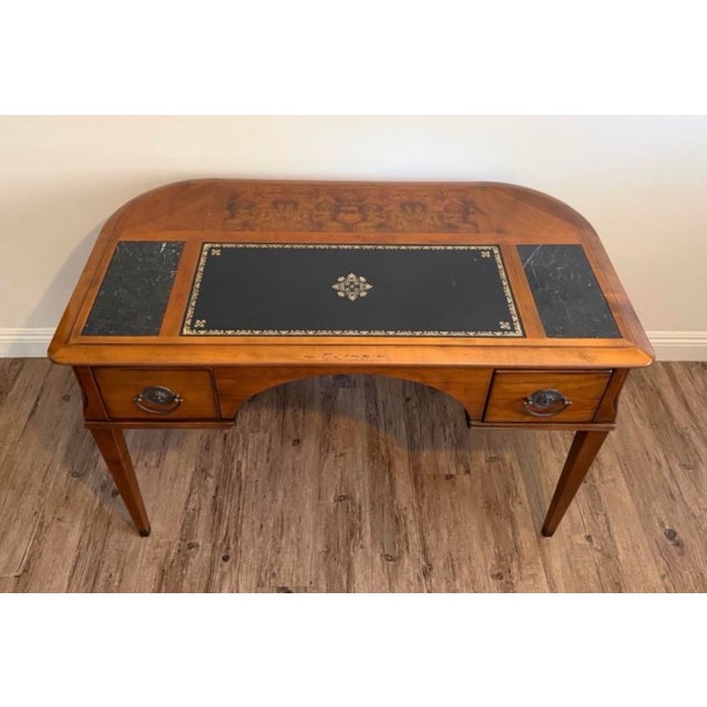 French 1980s Louis XVI Directoire Style Cherry Leather and Marble Writing Desk For Sale - Image 3 of 10