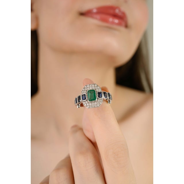 Green 14k Gold Step Cut East West Accent Gem Art Deco Statement Ring Size 5 For Sale - Image 8 of 14