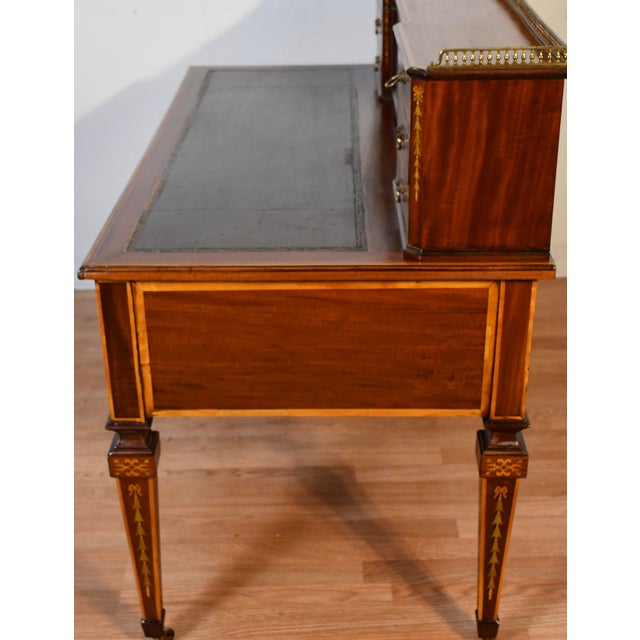 1900s Antique Federal Style Inlaid Mahogany Writing Desk With Leather Top & Gallery Birmingham Desk For Sale - Image 18 of 18