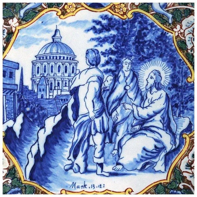 Large Dutch Delft Tin Glazed Pottery Polychrome Religious Scene Plate For Sale - Image 4 of 11