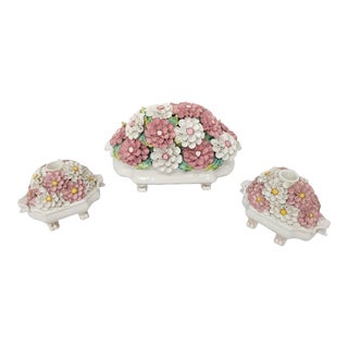 Vintage Italian Flower Ceramic Art Candlestick Holders - Set of 3 For Sale