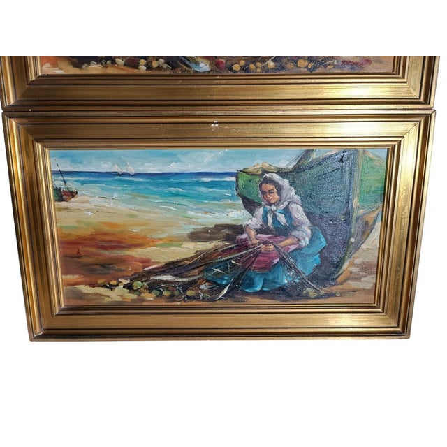 Marine Landscapes with Fishermen, 1920s, Oil on Canvas Paintings, Framed, Set of 2 For Sale - Image 6 of 7