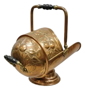 Antique English Victorian Floral Embossed Copper Helmet Coal Scuttle Bucket