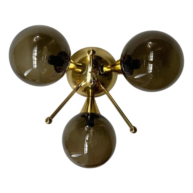 Trifoglio Polished Brass Smoky Globe Flush Mount by Fabio LTD For Sale