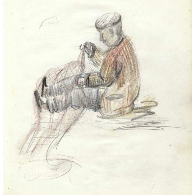 Grace Spongberg (American, 1906-1992) "Mending Net / Majorca" oil pastel on paper, titled and estate stamp on reverse. A...