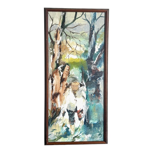 Vintage Asian Framed Watercolor Painting of Man in Nature For Sale
