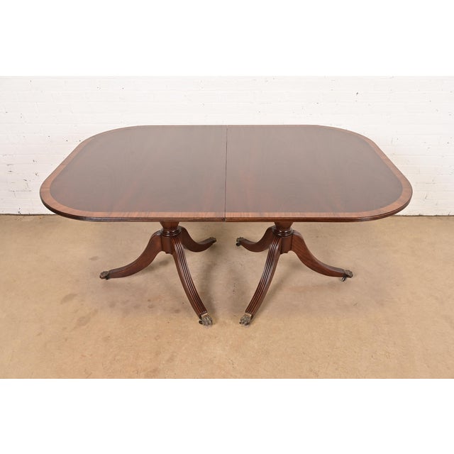 Wood Baker Furniture Style Georgian Banded Mahogany Double Pedestal Extension Dining Table, Newly Refinished For Sale - Image 7 of 13