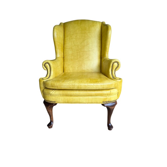 Vintage Shuford Furniture Yellow Leatherette Wingback Armchair | Queen Anne Style Faux Leather Accent Chair | Traditional Hollywood Regency For Sale - Image 6 of 14