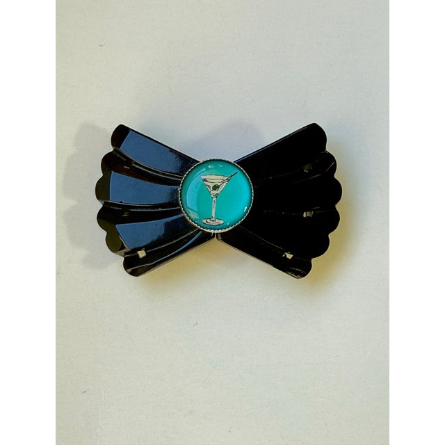 Black Rare Vintage 1930s Carved Black Bakelite Convertible Belt Buckle & Brooch - Martini Glass Cabochon For Sale - Image 8 of 8