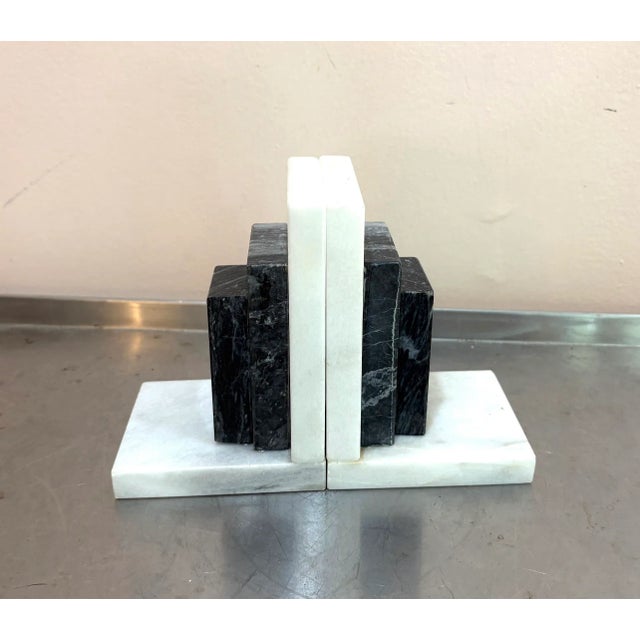 1920s-30s art deco black/white marble geometric stack bookends. Excellent condition.