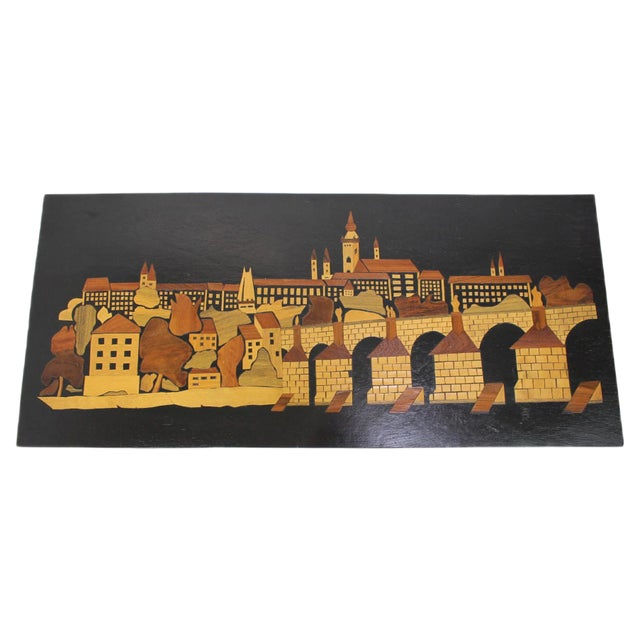 Mid-Century Wooden Illustration of Prague, 1950s For Sale
