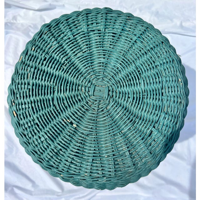 Mid 20th Century Vintage Turquoise Bamboo and Wicker Stool Plant Stand in the Style of Franco Albini For Sale - Image 5 of 8