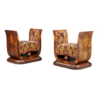 Italian Art Deco Walnut Burl Stools with Original Velvet, 1930s, Set of 2 For Sale
