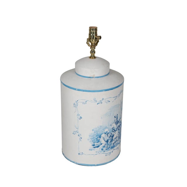 Metal A Pair Vintage English Export Tea Caddy Hand-Painted Chinoiserie Figurines Table Lamp For Sale - Image 7 of 10