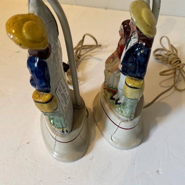 Ceramic Pair of Mid Century Staffordshire Lamps Featuring a Sailor and His Maiden or Sweetheart For Sale - Image 7 of 7