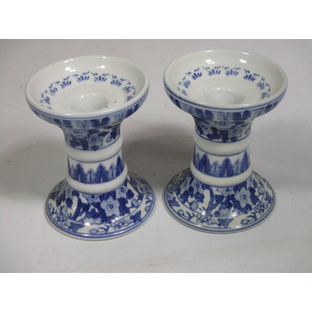 Boho Chic 1980s A Pair of Blue and White Porcelain Candle Holders For Sale - Image 3 of 5
