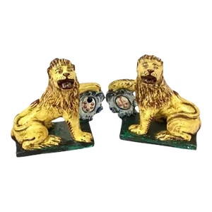 Pair of Antique Italian Faience Lions With Armorial Shields