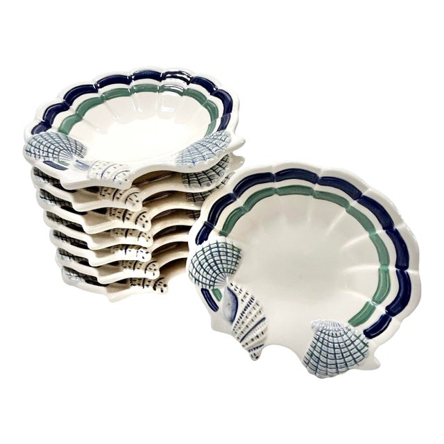 Vintage Coastal Shell Dishes Nautical Appetizer Plates, Blue Green Scallop Edge Seafood Serveware - Set of 8 For Sale